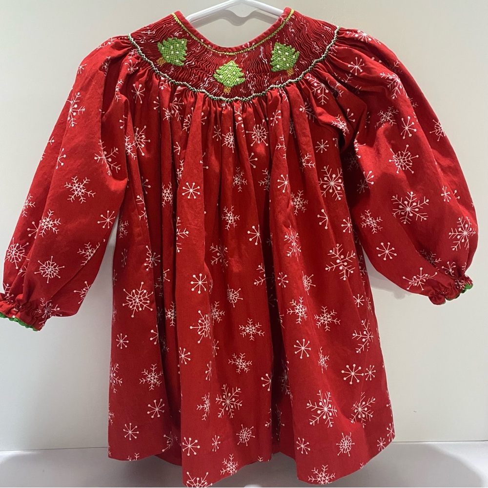 Mom & Me Baby Girls Dress 24M Red Smocked Christmas Snowflake Tree